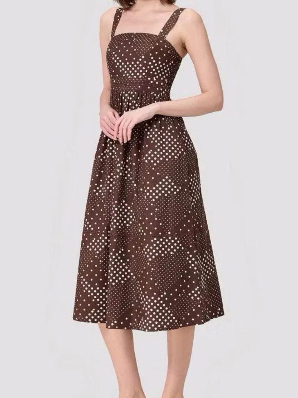 Polka Dot Brown Midi Dress with Wide Straps